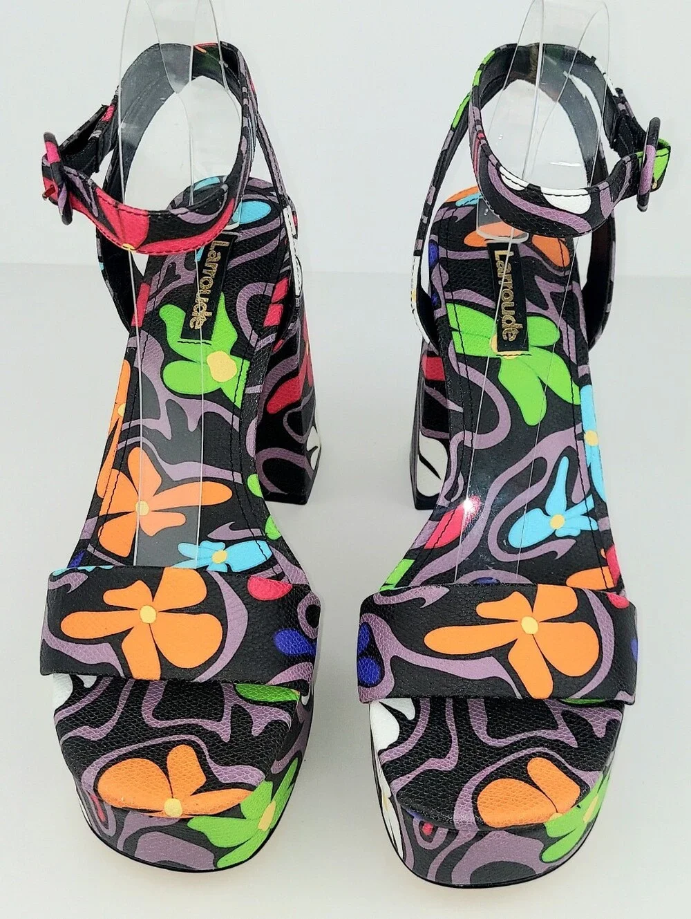 Larroude Dolly Flower Power Black Ankle Strap Sandal 7